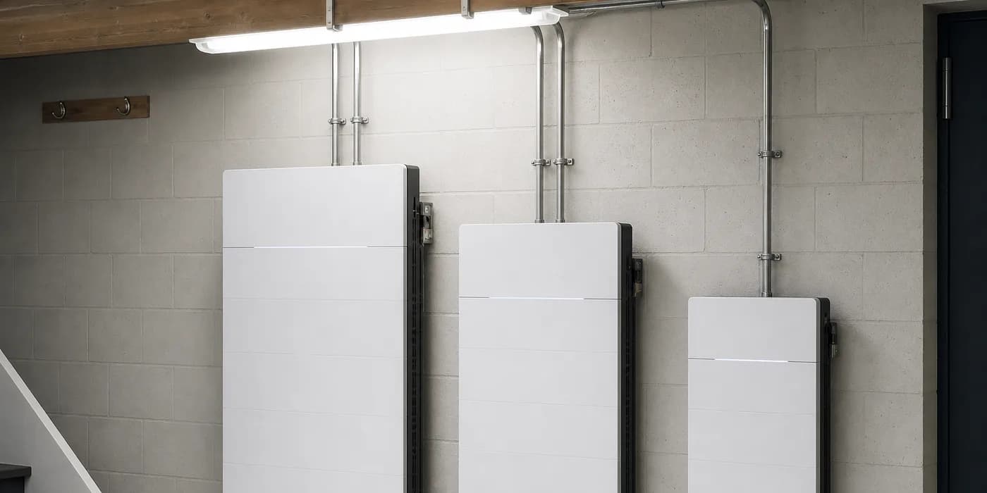 Drie witte thuisbatterijen van verschillende grootte naast elkaar op een installatiewand.