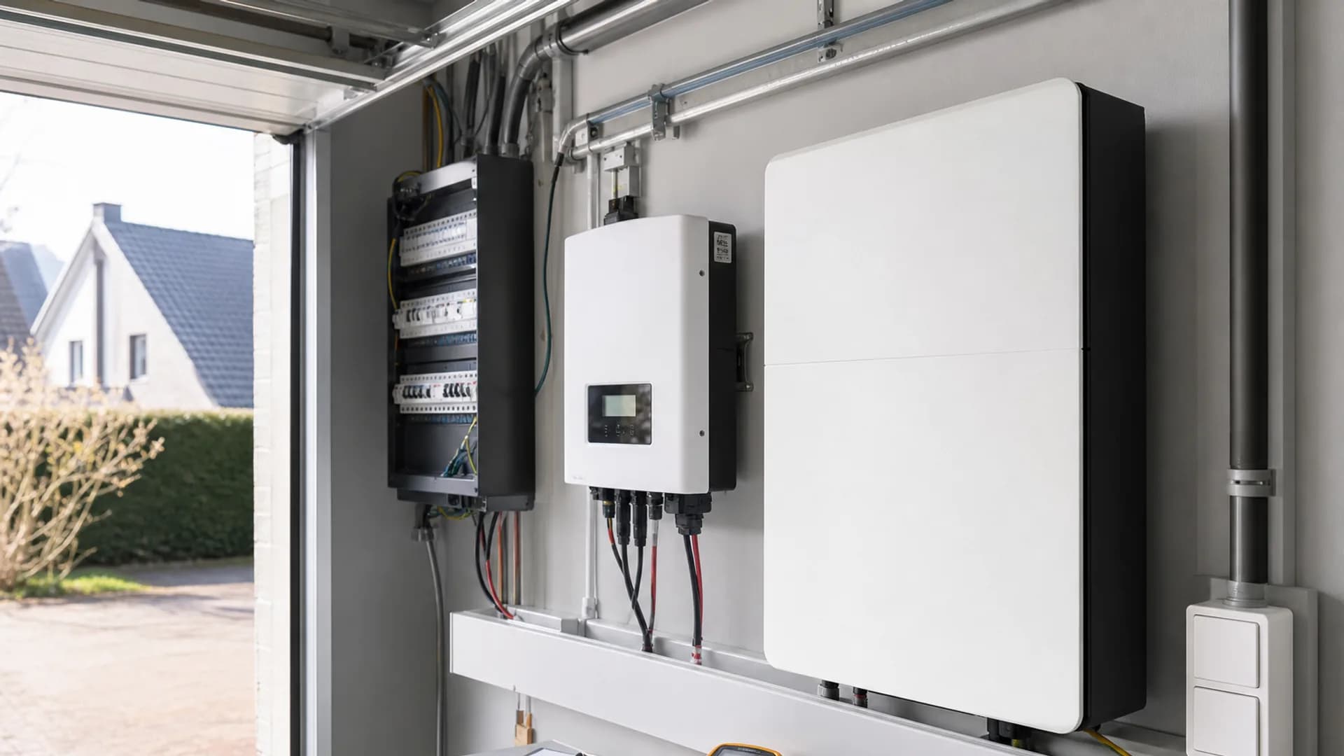 Thuisbatterij naast meterkast en omvormer aan een garage wand, verlicht door helder ochtendlicht voor een capaciteitscontrole vóór installatie.