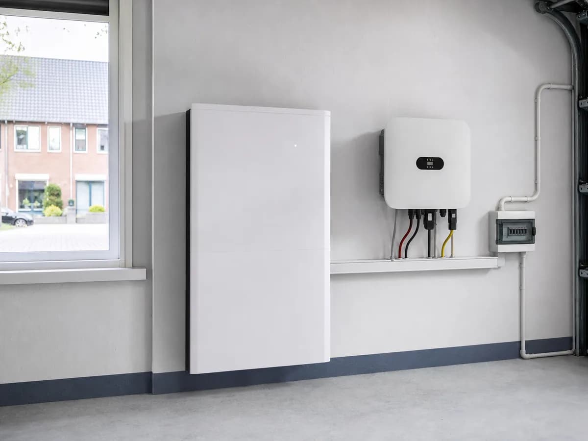 Thuisbatterij en omvormer in een nette meterkast- of garage-installatie