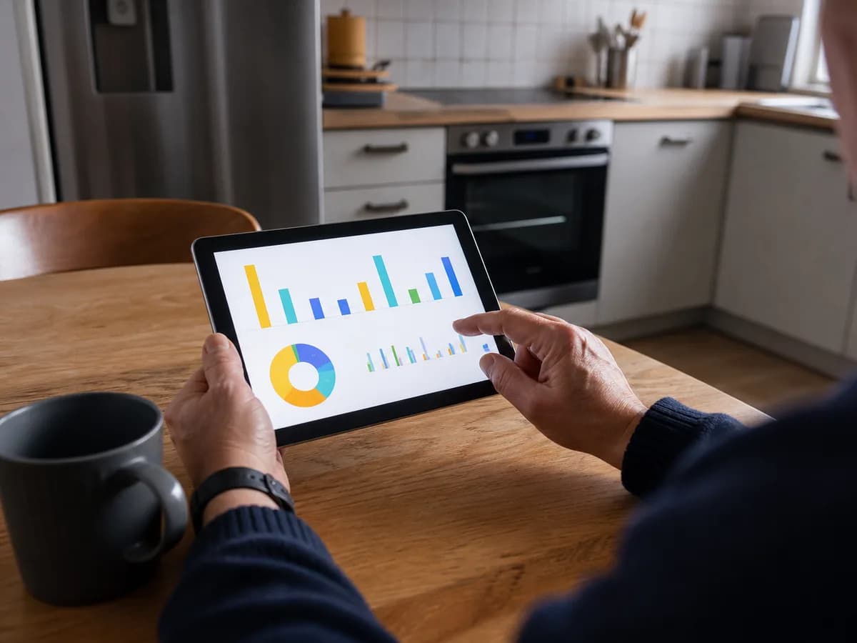 Ouder echtpaar bekijkt rustig thuisbatterij-informatie samen op een tablet.