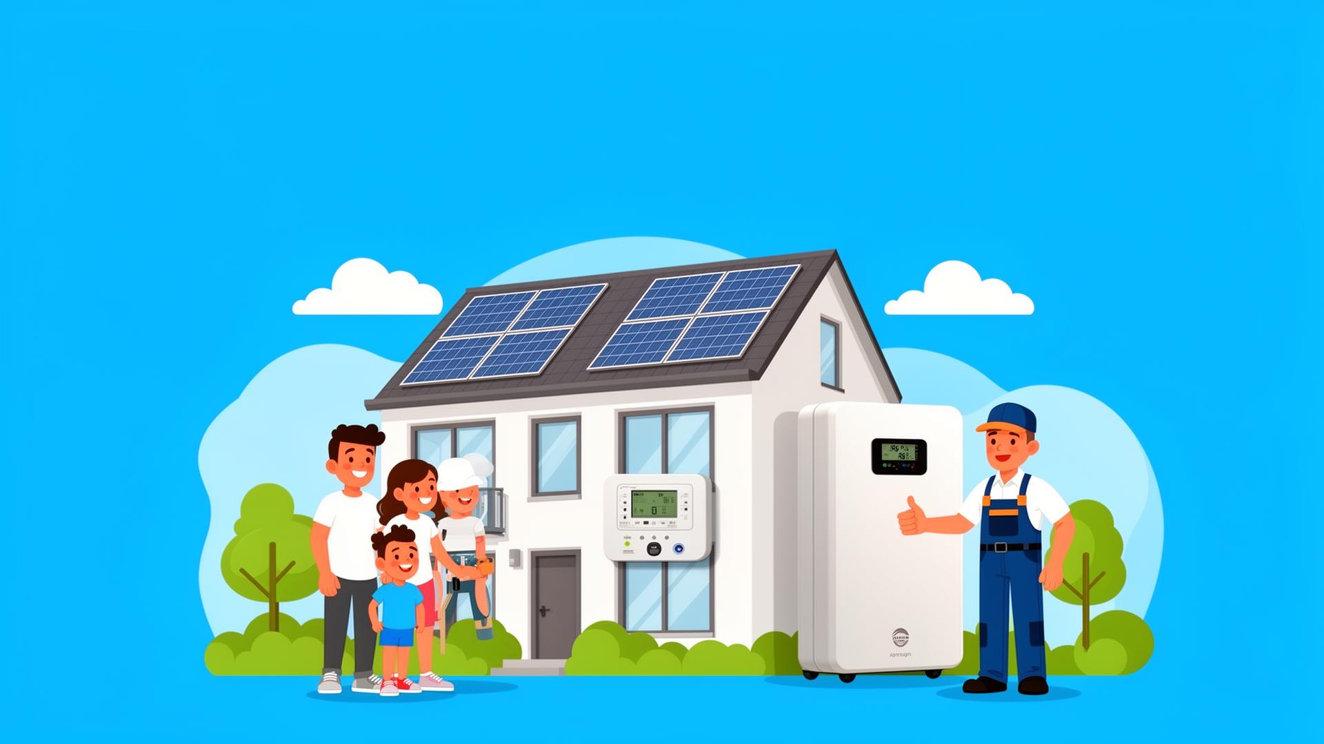 Modern huis met zonnepanelen, thuisaccu en gezin met installateur